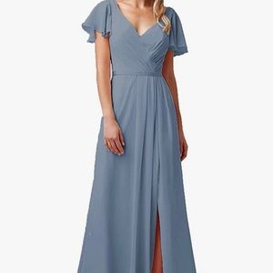 Flutter sleeve bridesmaid dress. Dusty Blue